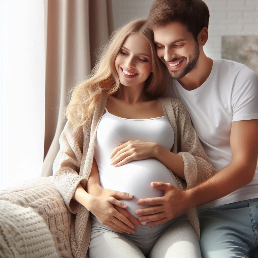 Happy pregnant woman holding ultrasound with calendar